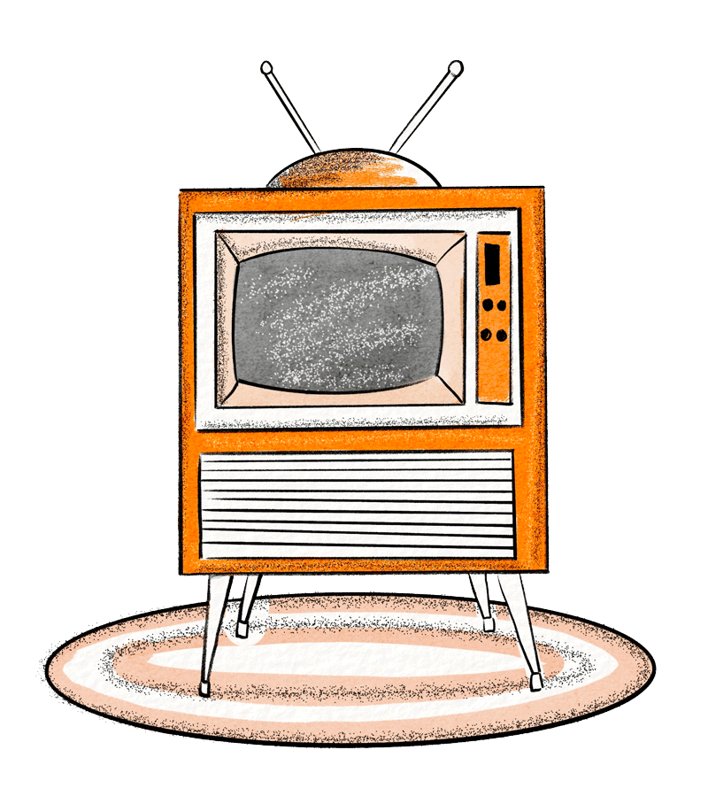 My Magic Tux - Illustration of an orange, old-fashioned tv on a circular rug